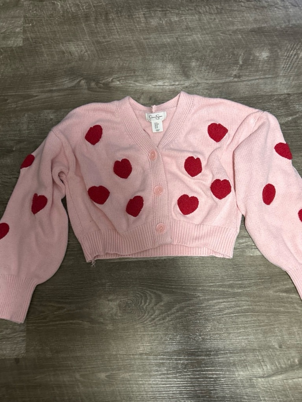 Jessica Simpson Pink Cropped Cardigan with Red Heart Appliqués